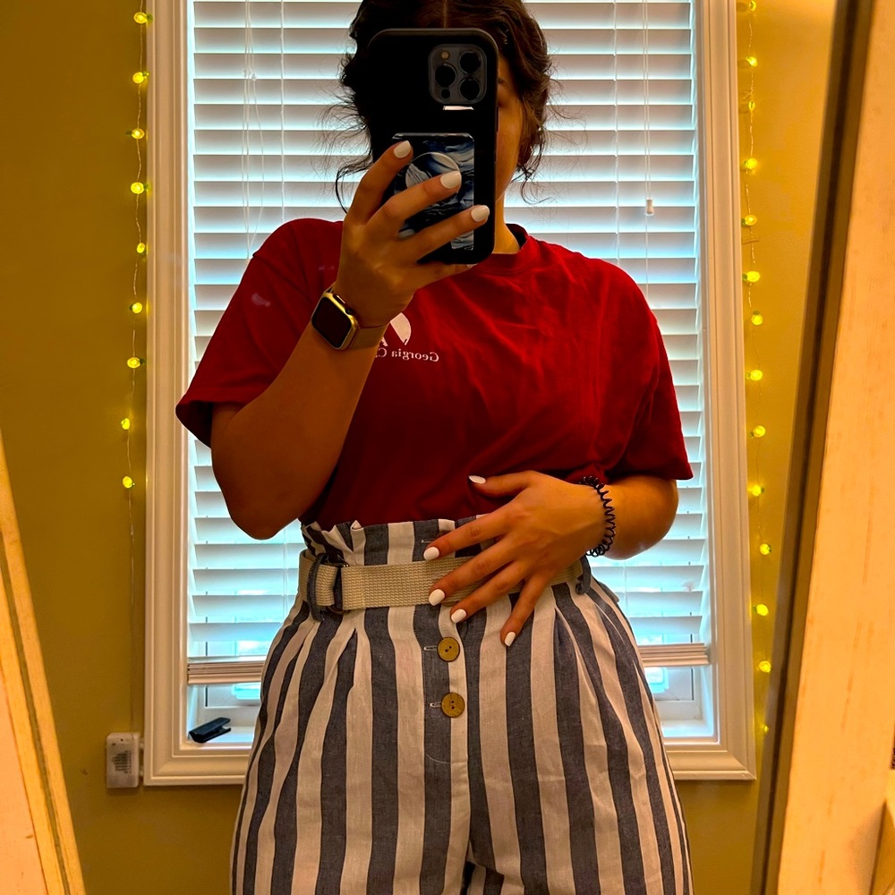SHEIN Paperbag Waist Blue Striped Palazzo Pants